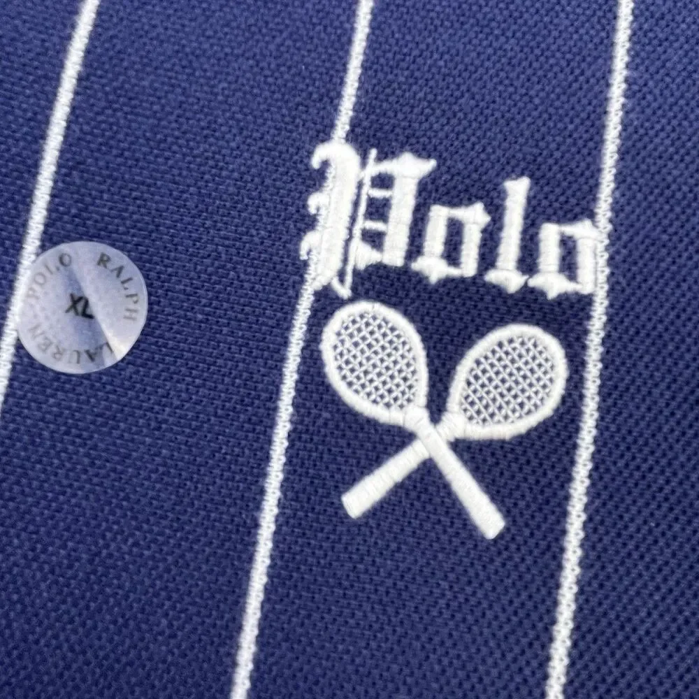 Polo Ralph Lauren Polo Shirt XL Tennis Racquet Navy Blue Stripe Classic Fit NEW
